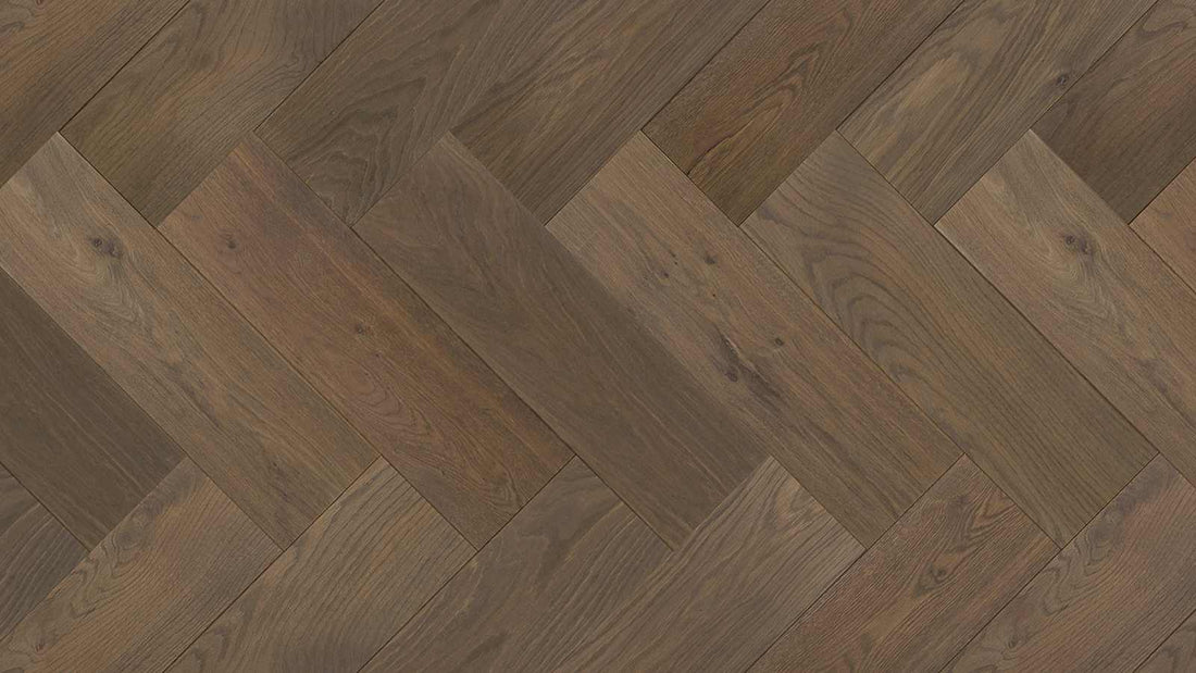 Parquet à chevrons Chêne rustique Multiplank Double Smoked &amp; Grey Oiled - Solza