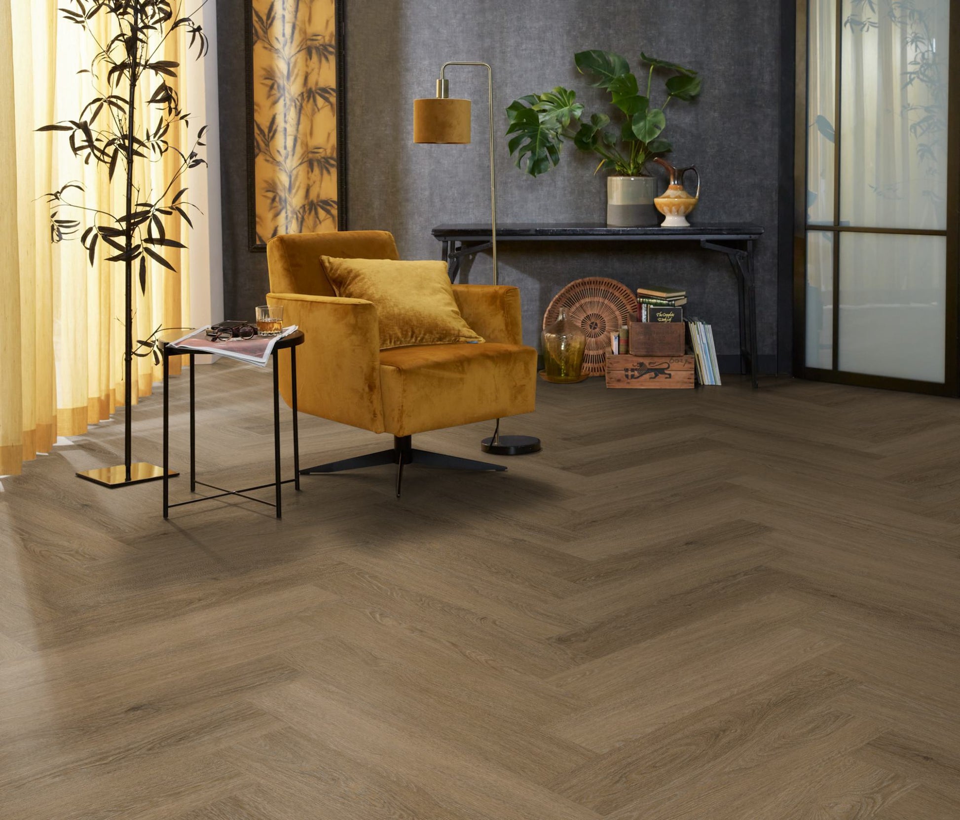 Floorlife YUP Sutton Light Brown Herringbone Dryback PVC - 9030150619 - Solza.nl
