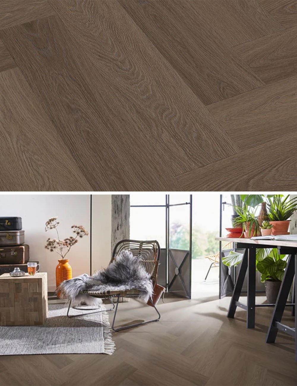 Floorlife Yup Fulham Herringbone Brown 1615 Dryback PVC - Solza.nl