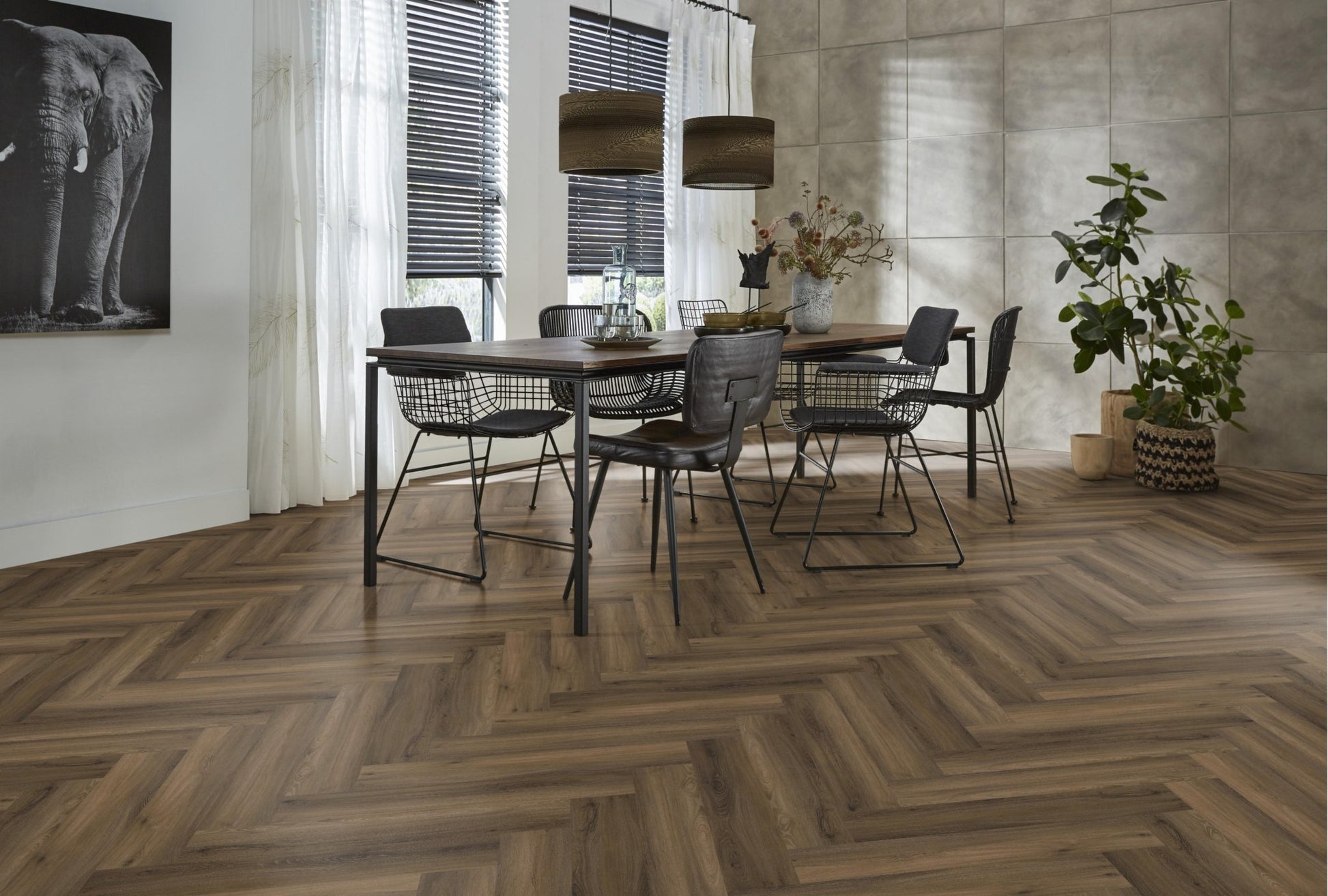 Floorlife Yup Herringbone Paddington Warm Brown Dryback PVC - Solza.nl