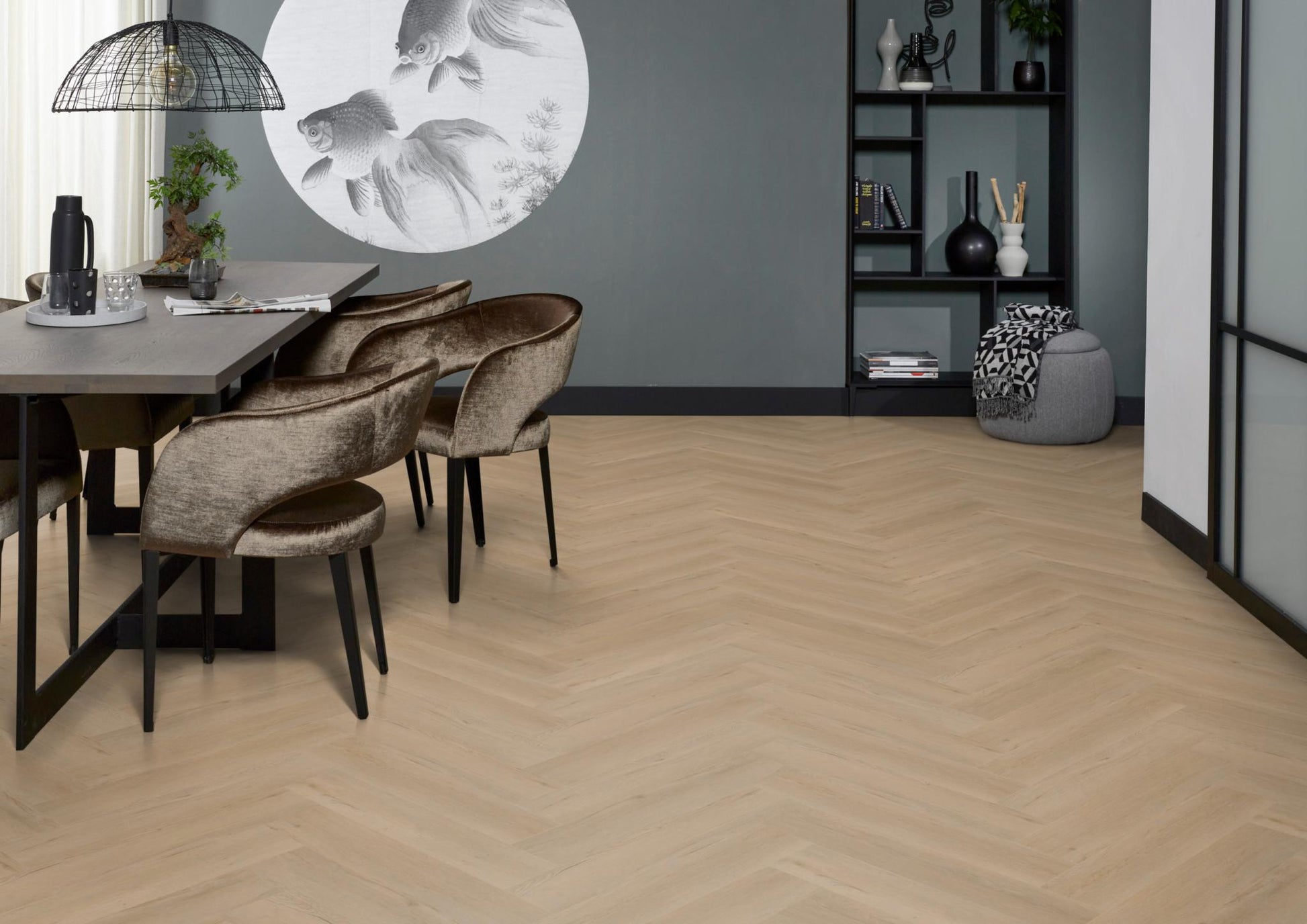 Floorlife Yup Leyton Herringbone Beige Dryback PVC - Solza.nl