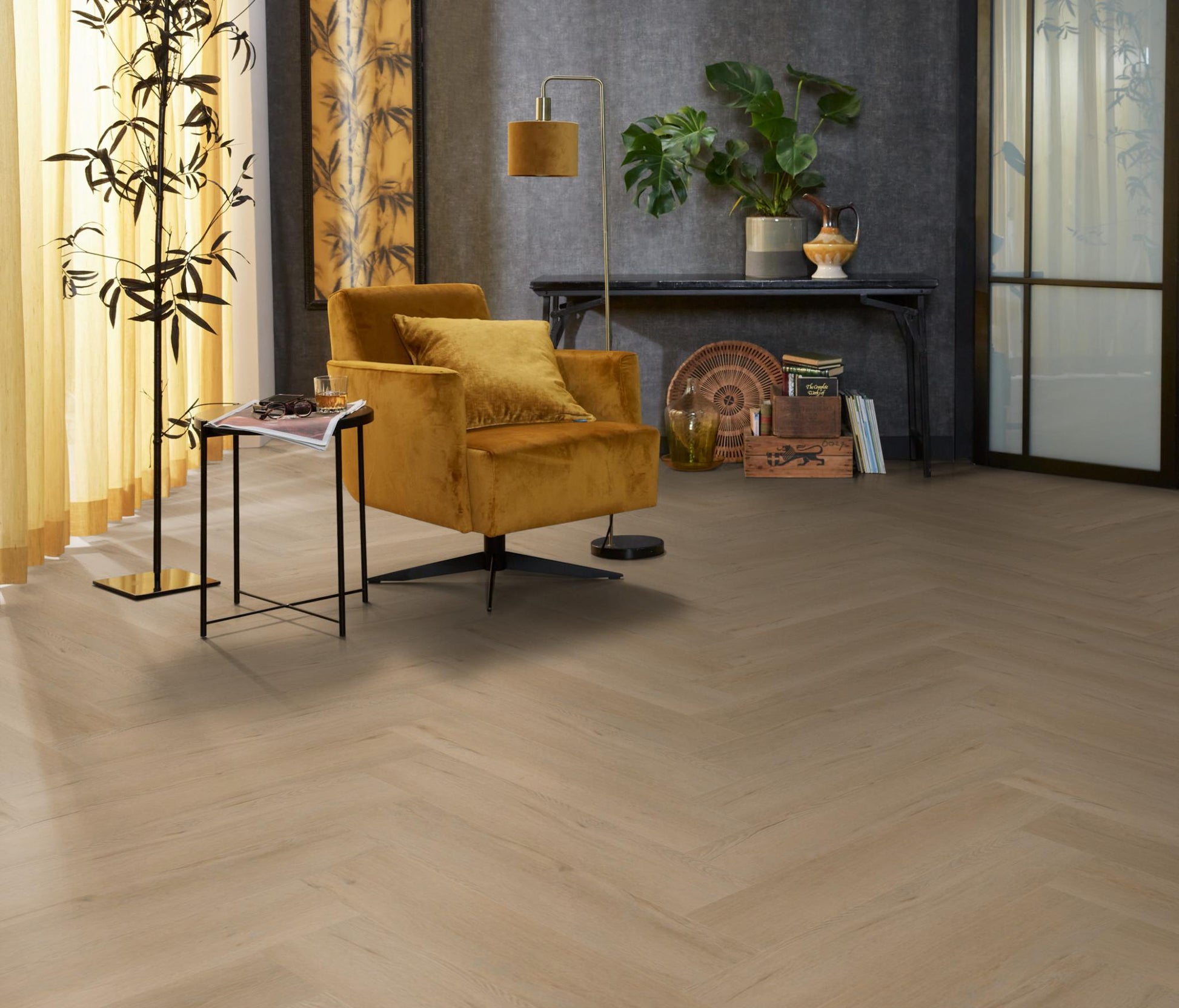 Floorlife Yup Leyton Herringbone Beige Dryback PVC - Solza.nl